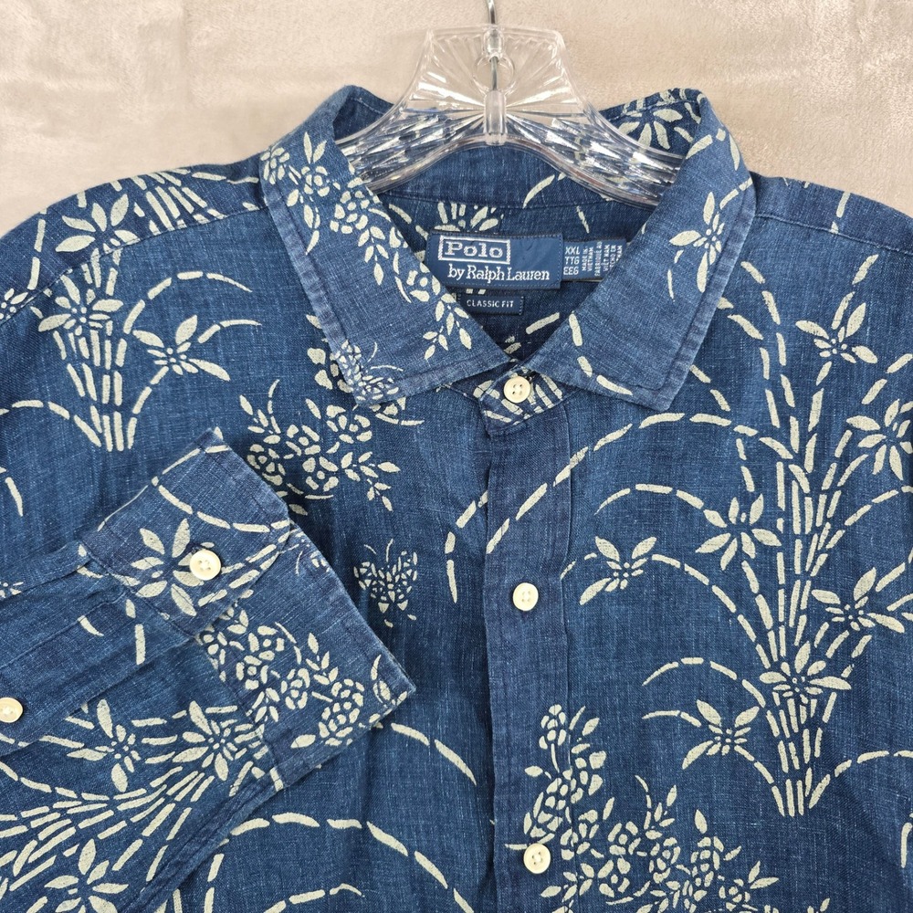 Vintage Polo Ralph Lauren Hawaiian Shirt Mens XXL Blue 100% Linen Floral